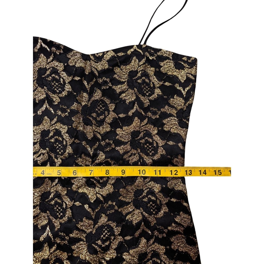 Coquette Dark Romancer Gold Metallic Lace Bodycon Mini Dress Small Black Vintage - Picture 11 of 13